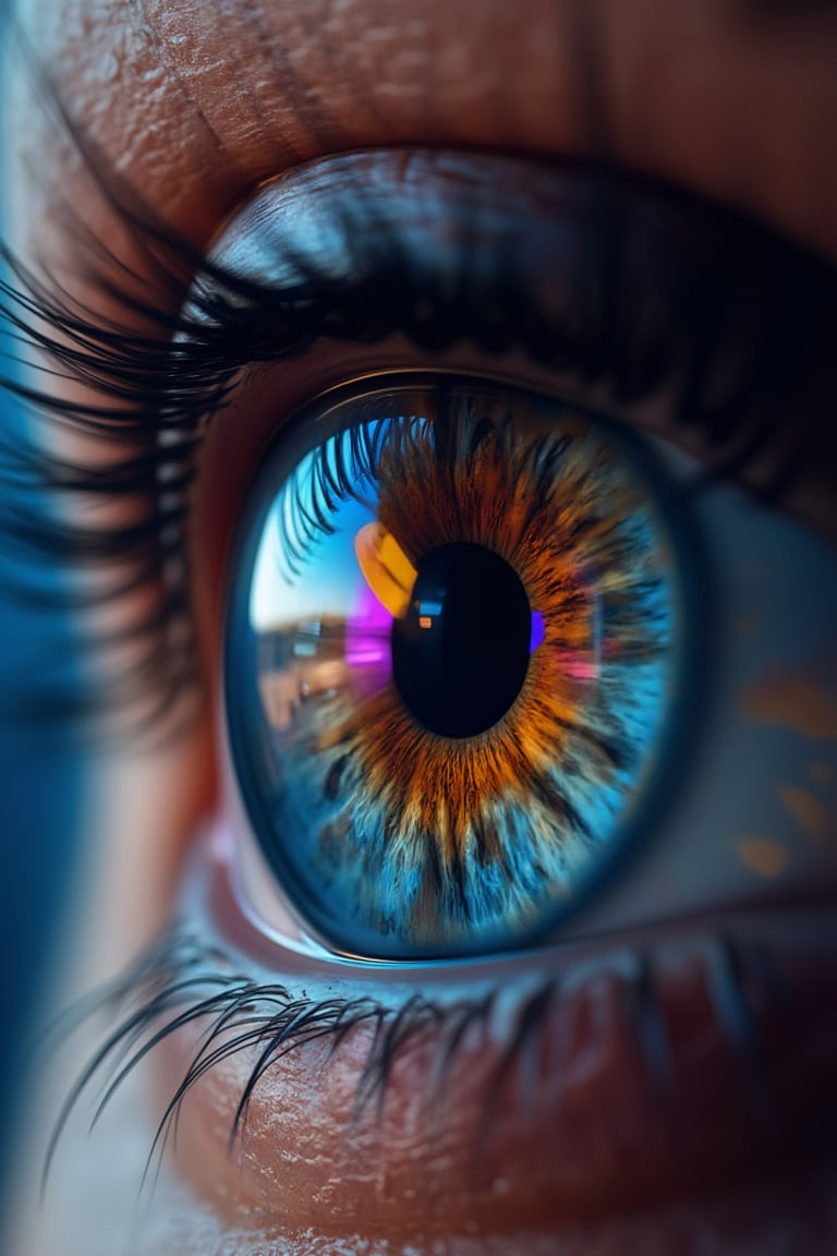 A close-up of an eye with vibrant colors reflecting in the iris, symbolizing life and energy. Hyper-realistic photography in the style of [Artist name].