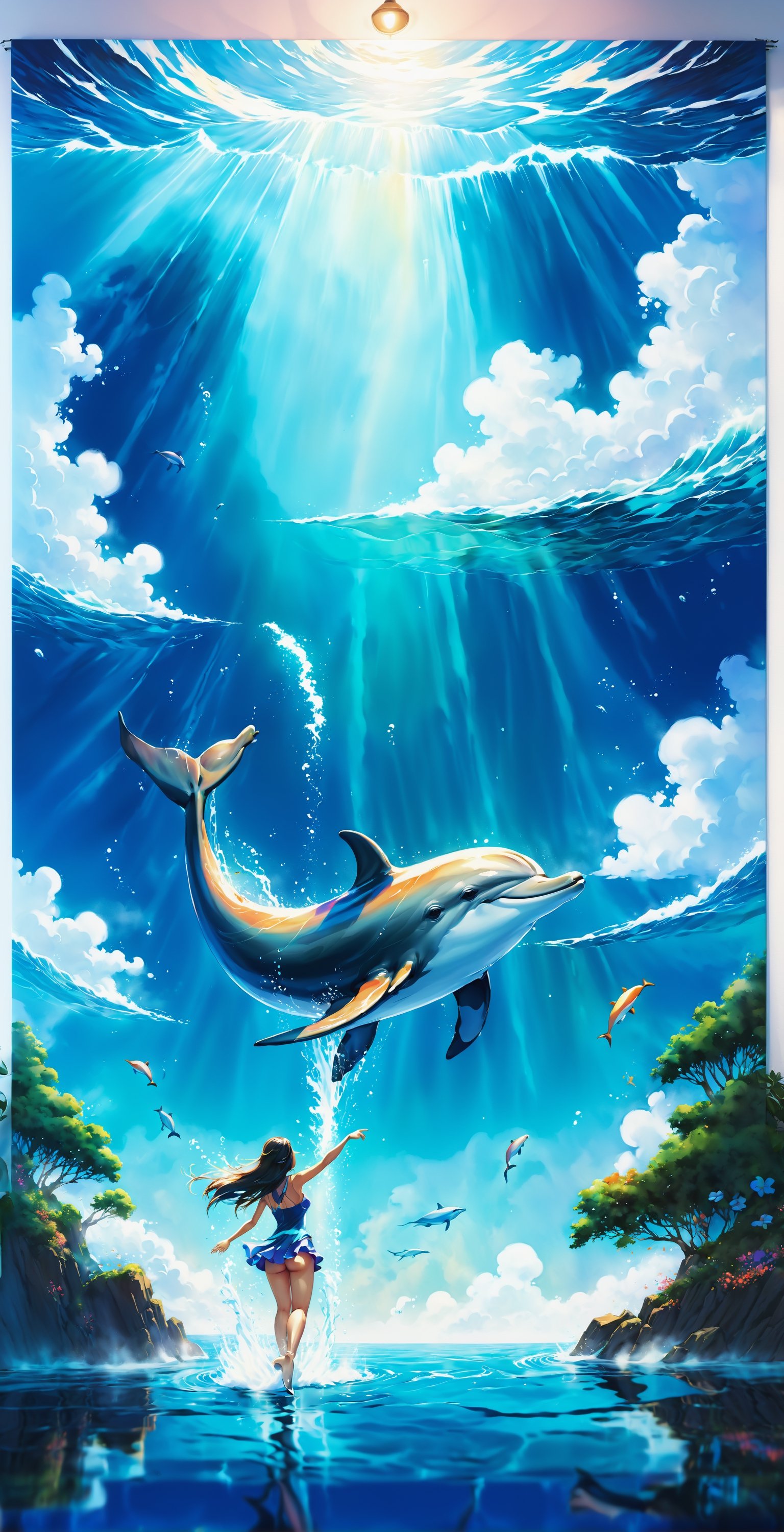 Painting of a dolphin swimming in colorful ocean, Look up at the composition,sky whales, Inspired by Cyril Rolando, dreamy psychedelic anime, colorful anime movie background, A beautiful artwork illustration, author：Shitao, colorful concept art, Makoto Shinkai Cyril Rolando, In the style of Cyril Rolando, flying whale, Highly detailed watercolor 8K, highly detailed water colour 8 k,octane,Fine,Realistic,8K,Estilo de Makoto Shinkai( reasonable design, Clear lines, High sharpness,Best quality, Very detailed, Masterpiece, movie light effect, 4K ),A girl dancing ,detailmaster2,ColorART,Monster,ksaqua,underwater