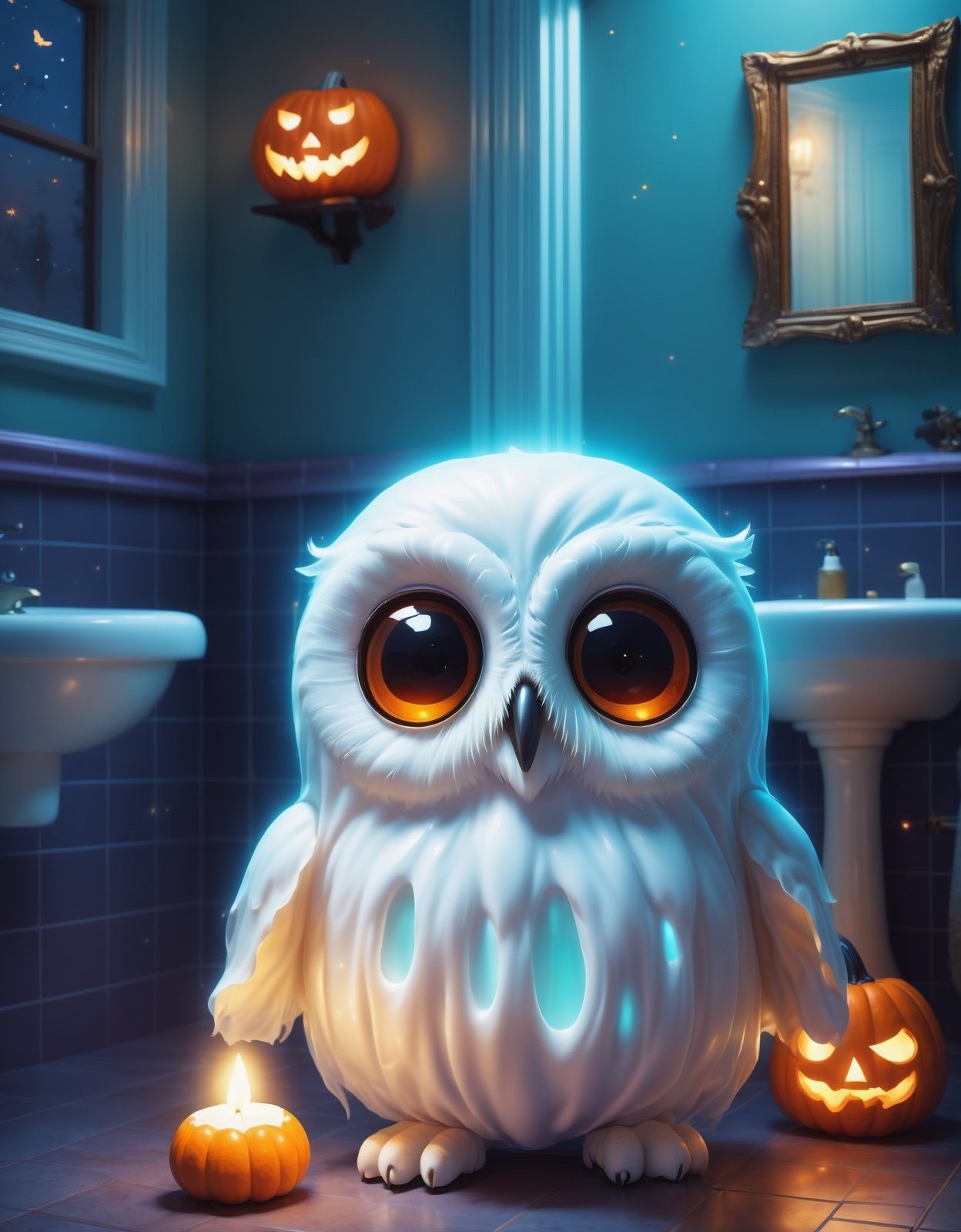 Digital image of an adorable ghost glowing inside, bathroom , owl, Halloween, high quality, masterpiece, 8k, super cute,