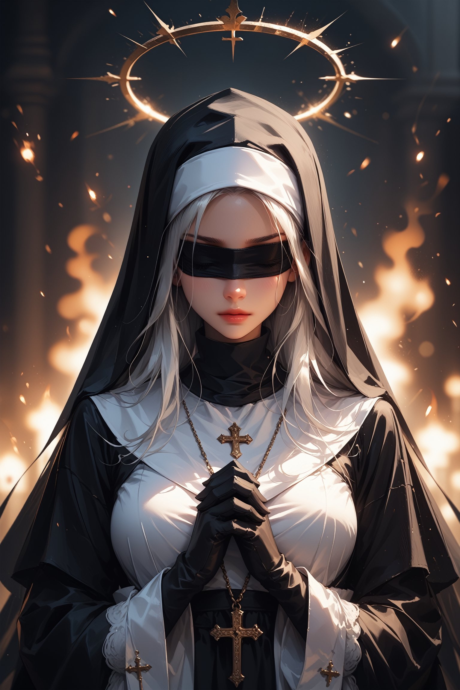 (score_9, score_8_up), score_7_up, 1girl, long hair, large breasts, simple background, gloves, long sleeves, white background, dress, jewelry, upper body, white hair, black gloves, hood, wide sleeves, necklace, black dress, blindfold, halo, own hands together, cross, veil, interlocked fingers, hood up, nun, own hands clasped, praying,, 
depth of field, blurry background, black background, dark, CINE, embers, 
    