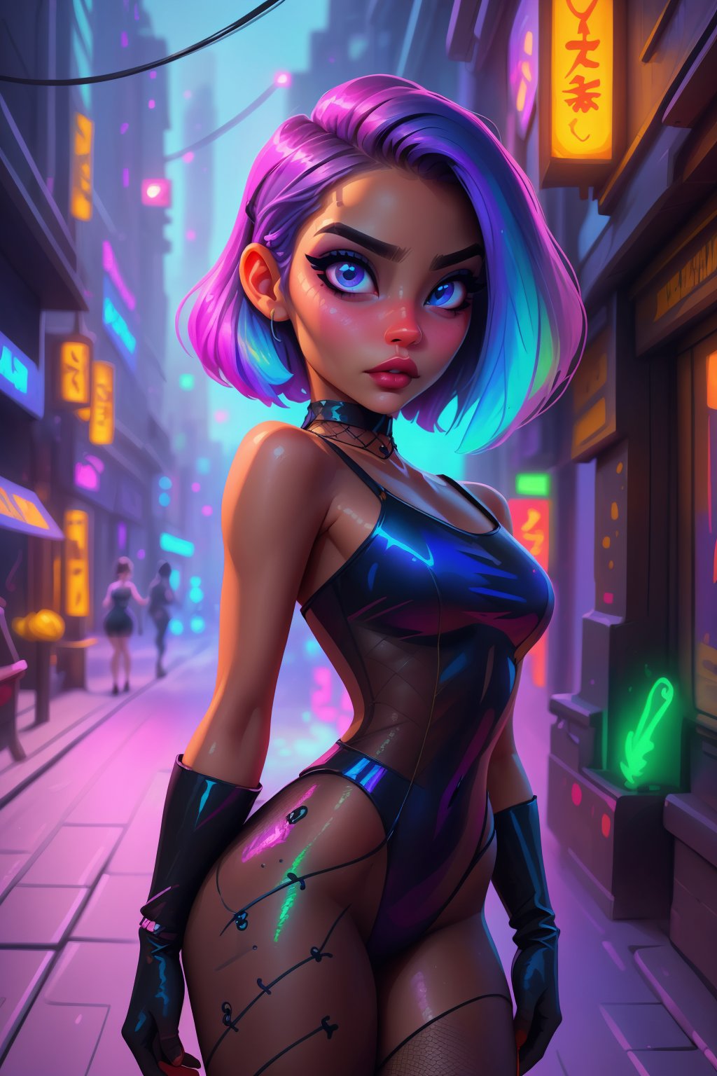 Stunning 25yo Vietnamese-Japanese Woman, model bombshell, beautiful, sensual, young-looking, luxurious elegant multi-color short side-shaved hair, tight SFW-revealing iridescent see-through metallic multi-color fishnet-leotard, glowing iridescent fishnet-gloves and fishnet-choker, neon, futuristic, posing on a futuristic desert city, sensually staring at viewer, arching back, sensually parting lips with iridescent lipstick, Summer time, dusk time, "sinozick style", "g4n1m3"