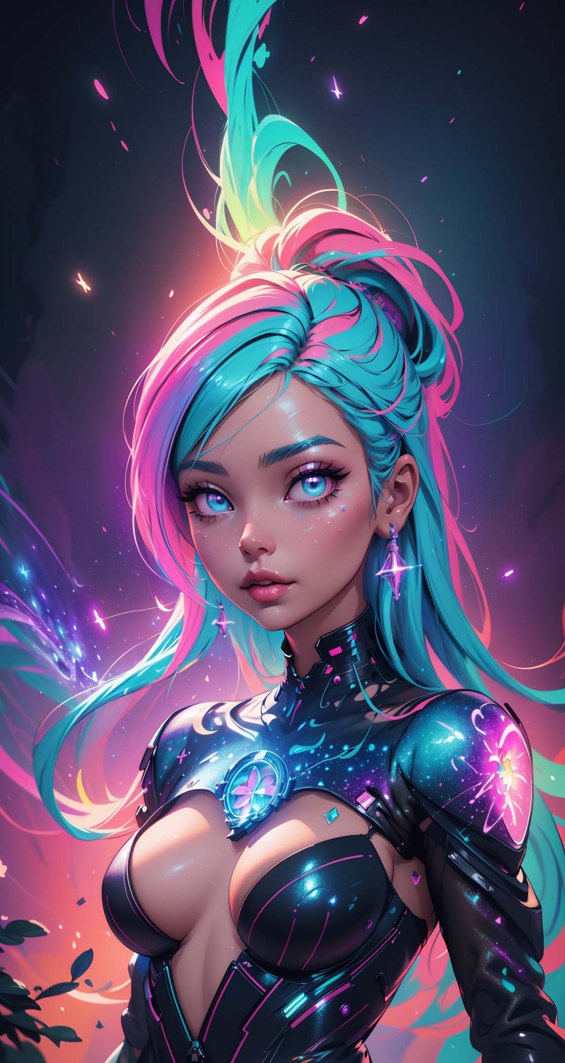 A stunning woman with vibrant neon hair, glowing in the midst of galaxy formations, painted by david diaz and sakimichan, detailed and realistic textures, vibrant colors, surreal and mysterious, hyperrealistic, modern art, digital painting, trending in Artstation, cinematic lighting, and dynamic composition.,High detailed 