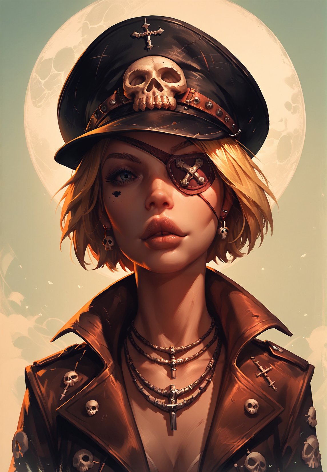 score_9, score_8_up, score_7_up, score_6_up, score_5_up, score_4_up,  solo, 1girl, hat, blonde hair, short hair, eyepatch, upper body, gears  , concept art, realistic,