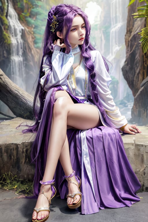 professional photo of Tia_Amulet, 1girl, (biker shorts:1.1), (braid:0.7), choker, hair ornament, hairclip, long hair, long sleeves, purple eyes, purple hair, sidelocks, sandals, white shirt, open robe, yellow robe, detailed skin, detailed eyes, finely detailed hair, volumetric light, highrez, masterpiece, best quality, 
