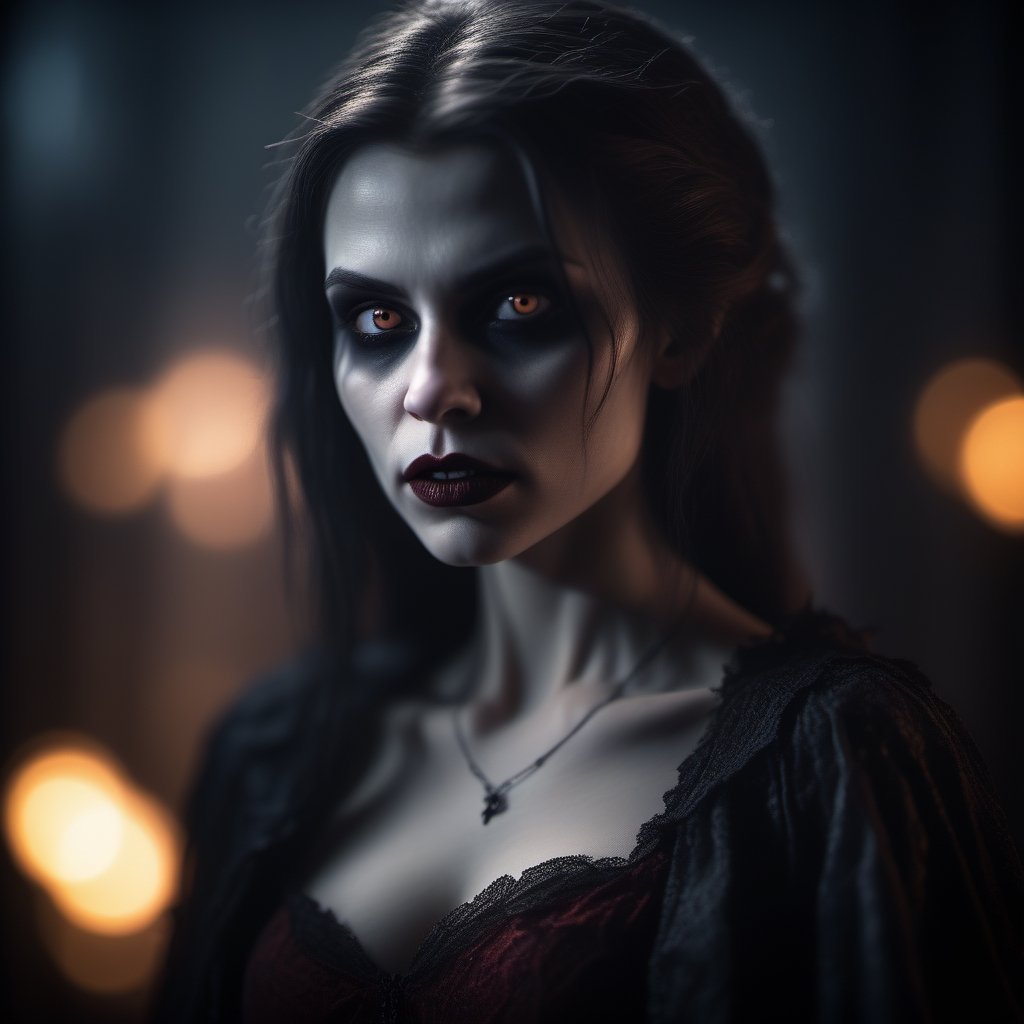 female Vampire, backlit, intricate details, highly detailed, slate atmosphere, cinematic, dimmed colors, dark shot, muted colors, film grain, lut, spooky, depth blur, blurry background dof, bokeh, realistic, realistic skin,perfecteyes, 