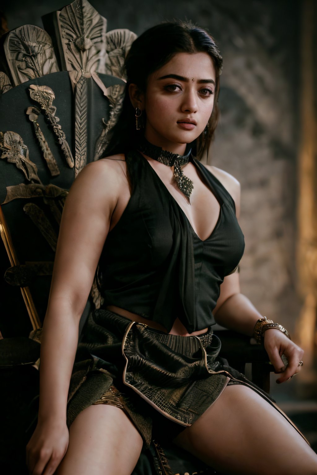 Take a day light moody photo of a woman in a sitting pose on a game of thrones chair with lots of swords, wearing a saree and a stylish collar or choker accessory, showcasing her tight hips and an intriguing tattoo on her arm. The woman should have a narrow waist, and her detailed face, especially her detailed nose, should be the focal point of the image. Use the rule of thirds in composition to frame her face beautifully, and enhance the photo with dramatic lighting to add depth and intensity. Place the woman against a game of throne background that complements her personality and adds shadows.",lalisamanoban, rashmika, ,no_humans,Detailedface,Detailedeyes,thigh sex,shrutih,black business suit,MFBP1,Game of Thrones