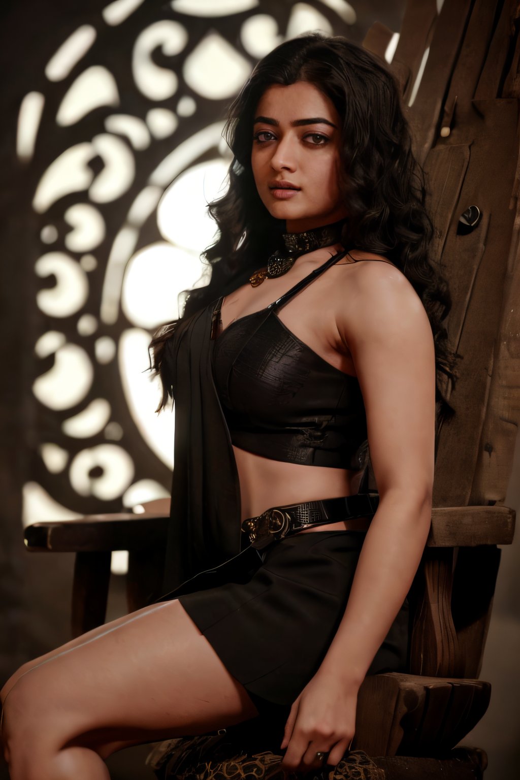 Take a day light moody photo of a woman in a sitting pose on a game of thrones chair with lots of swords, wearing a saree and a stylish collar or choker accessory, showcasing her tight hips and an intriguing tattoo on her arm. The woman should have a narrow waist, and her detailed face, especially her detailed nose, should be the focal point of the image. Use the rule of thirds in composition to frame her face beautifully, and enhance the photo with dramatic lighting to add depth and intensity. Place the woman against a game of throne background that complements her personality and adds shadows.",lalisamanoban, rashmika, ,no_humans,Detailedface,Detailedeyes,thigh sex,shrutih,black business suit,MFBP1,Game of Thrones, little smile