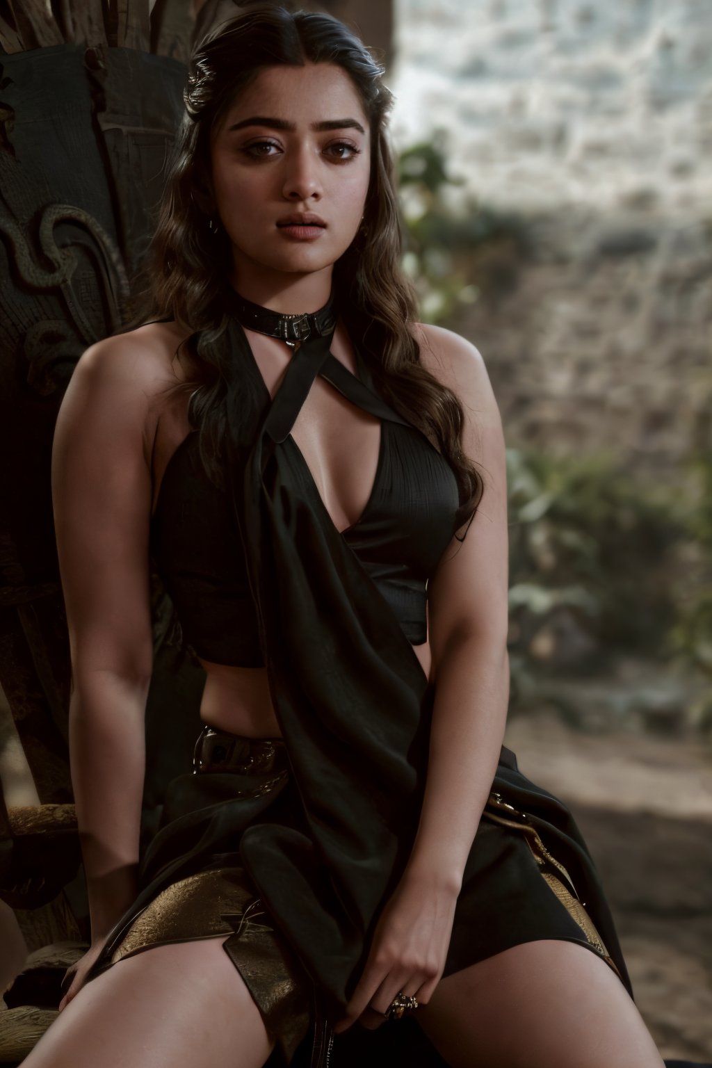 Take a day light moody photo of a woman in a sitting pose on a game of thrones chair with lots of swords, wearing a saree and a stylish collar or choker accessory, showcasing her tight hips and an intriguing tattoo on her arm. The woman should have a narrow waist, and her detailed face, especially her detailed nose, should be the focal point of the image. Use the rule of thirds in composition to frame her face beautifully, and enhance the photo with dramatic lighting to add depth and intensity. Place the woman against a game of throne background that complements her personality and adds shadows.",lalisamanoban, rashmika, ,no_humans,Detailedface,Detailedeyes,thigh sex,shrutih,black business suit,MFBP1,Game of Thrones