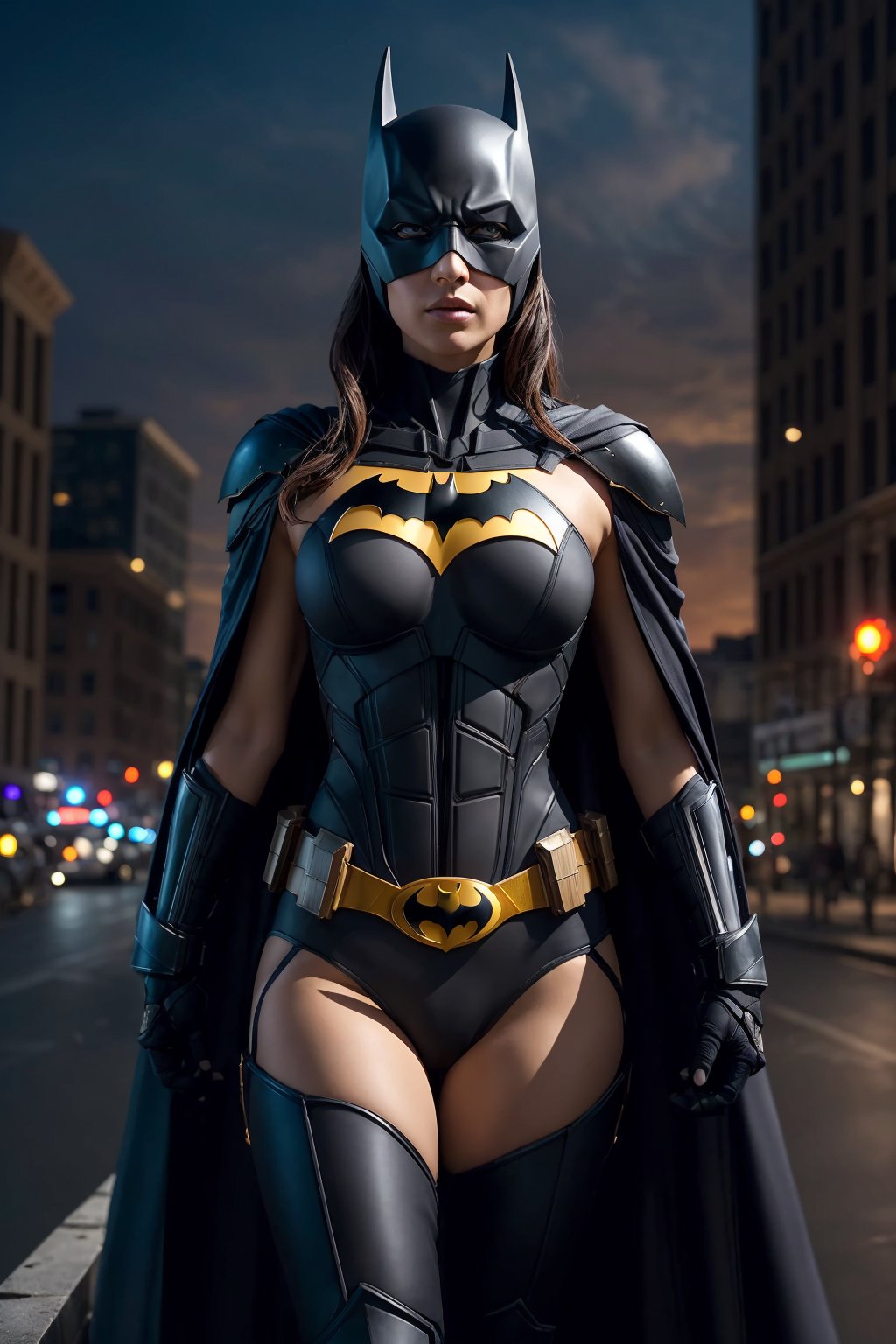 a {beautiful and sexy} female version of batMan captivates with her {{ boob armor.black}}. The image should emphasize her {fierce determination} and {captivating allure}. Utilize {fiery effects} and {electrifying details} to evoke a {sense of dynamism and beauty}. Surroundings: night,batsignal on the  sky,city lights,Set amidst a {high rise building backdrop} that complements her {modern and stylish appearance}.Highres, best quality, extremely detailed, female paladin,  chest armor(black), revealed belly, black cape, purple eyes, red  long hair, overlooking an army, fantasy style,dark surrounding, HD, 8k,