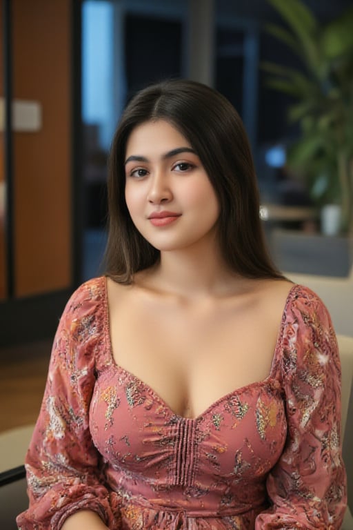 A beautiful Indian 20year old age actress wear a colorful printed dress and sitting on the chairs in the room, big bosom, smile, eye liner, neckless, closeup, ,Enhanced all,photo r3al,wonder beauty,FluxBoost