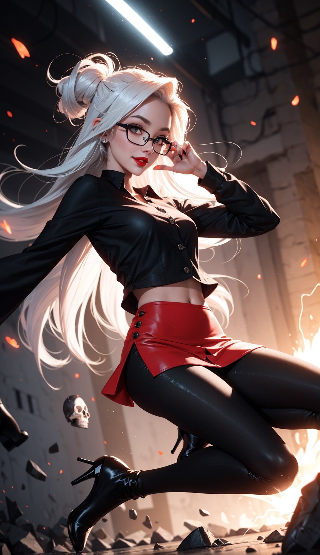 1woman, smile, long-hair, hair_past_waste, white-hair, skull hair-pin, (make-up), (black eye-shawdow), (black eye-liner), (dark-red lipstick), (black-glasses), eyes glowing, (black shirt with buttons no sleeves), black high heels, black thong, (best lighting), delailed lighting, beautiful breast, black see through leggings, red colored mini skirt, tracers, vfx, splashes, lightning, light particles, electric, grim reaper,SAM YANG,guiltys