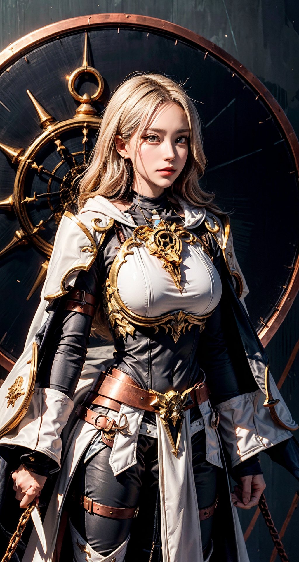 Female Paladin wearing Silver Chain Shirt Armor with Moonlit Edges , Copper Alchemist Robe with Transmutation Circles: Transmutation circles are intricately woven into the fabric, representing alchemical knowledge., (Tallow,Vessel color background:1.3),  