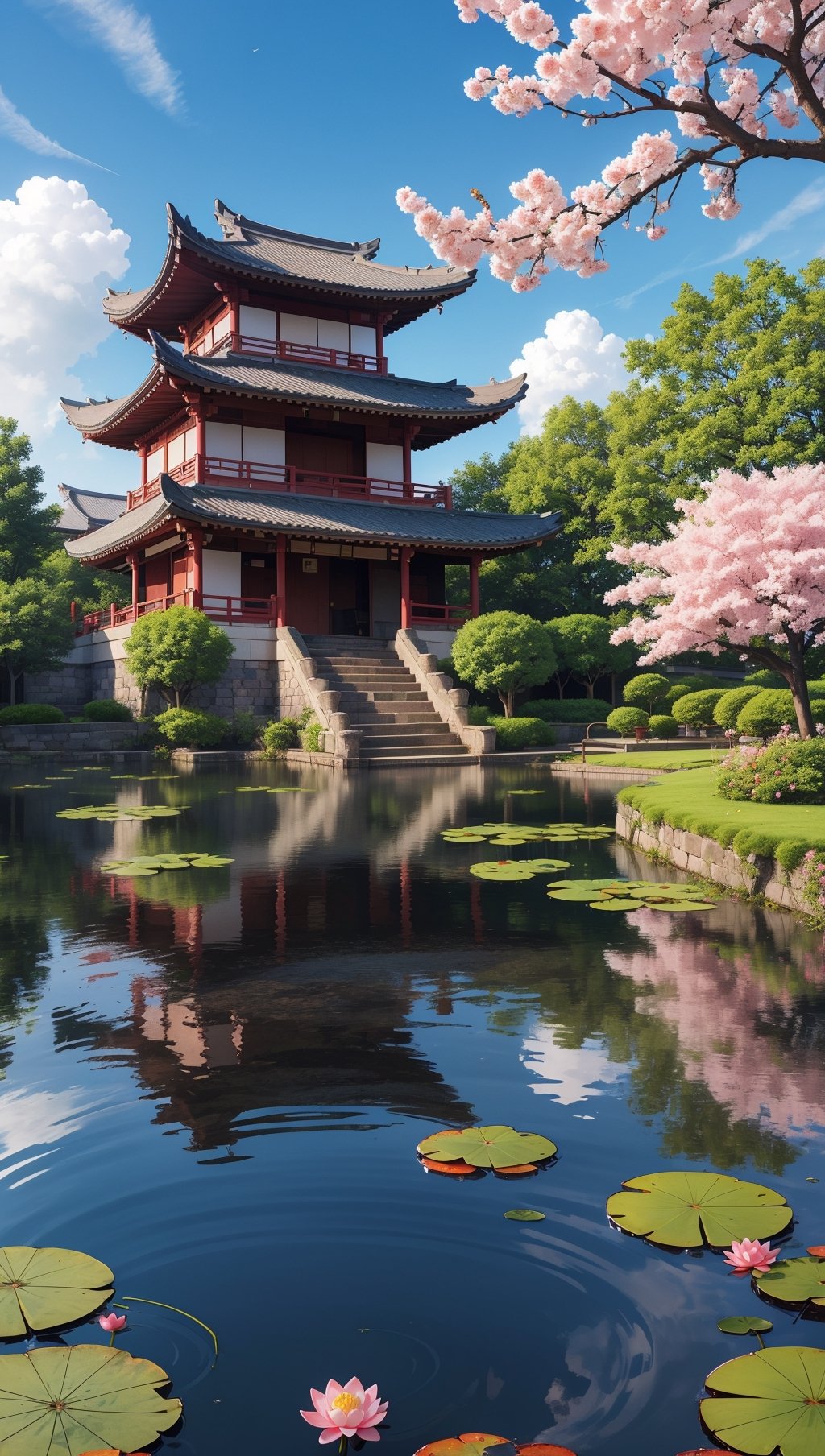 flower, outdoors, sky, day, cloud, water, cherry tree, blue sky, no humans, cloudy sky, building, scenery, reflection, pink flowers, stairs, architecture, house, east asian architecture, lily pad, lotus, pond, reflective water