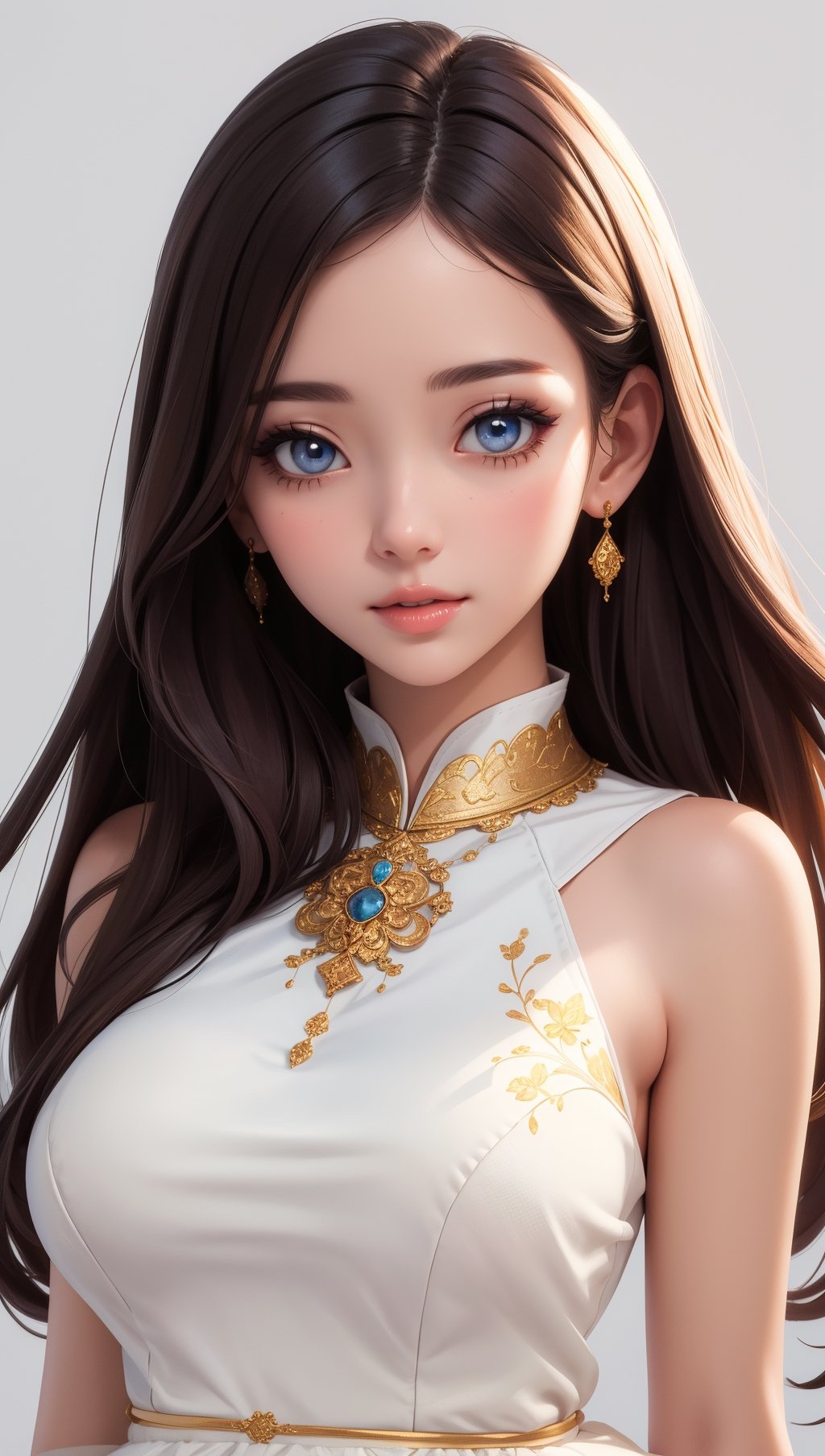 (((masterpiece))), best quality,  illustration, beautiful detailed glow, upperbody, white bg, (beautiful detailed eyes), beautiful health woman face with clean purity skin,ThaiDress