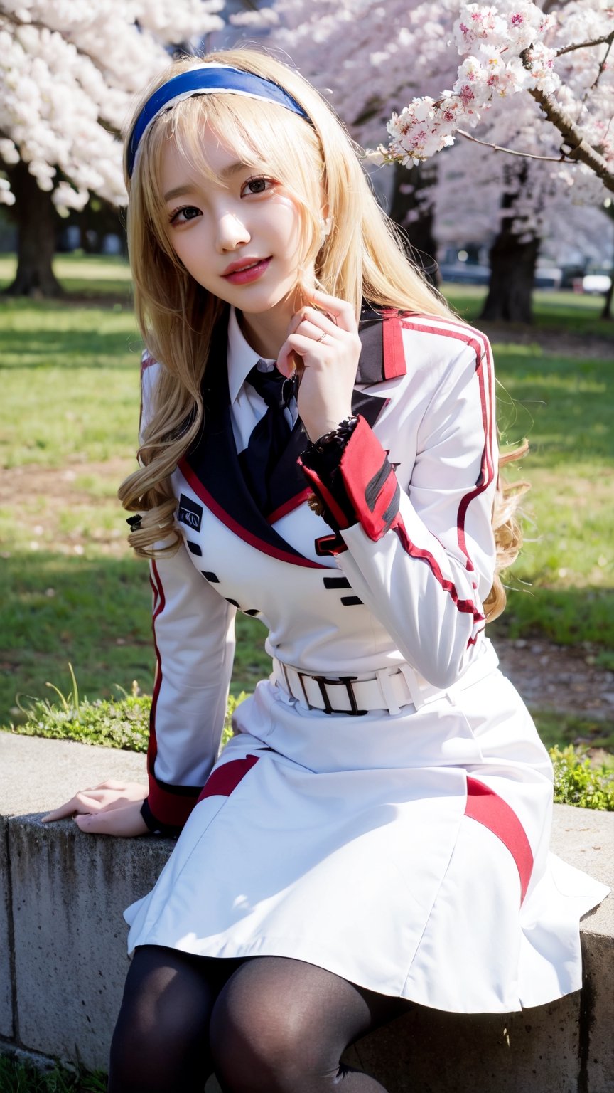 masterpiece, best quality, highres, aacecilia, very long hair, curly hair, drill hair, blue hairband, school uniform, white jacket, white dress, long sleeves, belt, black pantyhose, leaning forward, smile, cherry blossoms, outdoors, cowboy shot, hand on own knee, standing