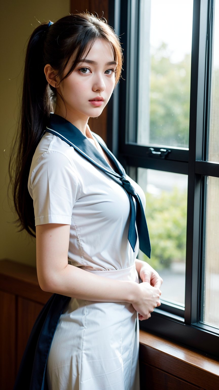 A young woman with porcelain skin and vibrant green eyes stands elegantly by the window in a traditional Japanese classroom. She wears a crisp navy blue sailor uniform, complete with white blouse and tie, her dark hair tied back in a neat ponytail. Soft natural light pours in from the window, casting a warm glow on her face as she gazes out at the serene garden beyond.