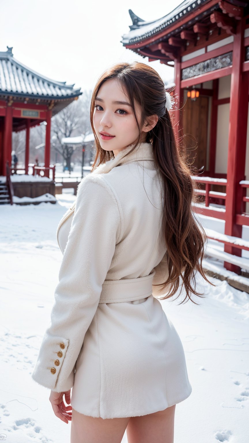 In a cinematic shot, a stunning Korean star poses from head to knees against the backdrop of a snow-covered pedestrian street. She wears a white plush coat with lace details and a short skirt, showcasing her slim figure. Her adult face features a bright smile, clear eyes, nose, and lips on fair skin. Her shiny skin is contoured, highlighting her defined facial structure. Long, flowing white hair cascades down her back, framing her dynamic posture. The snowy scenery, complete with a traditional Chinese-style pavilion, provides a serene and majestic setting for this masterpiece.