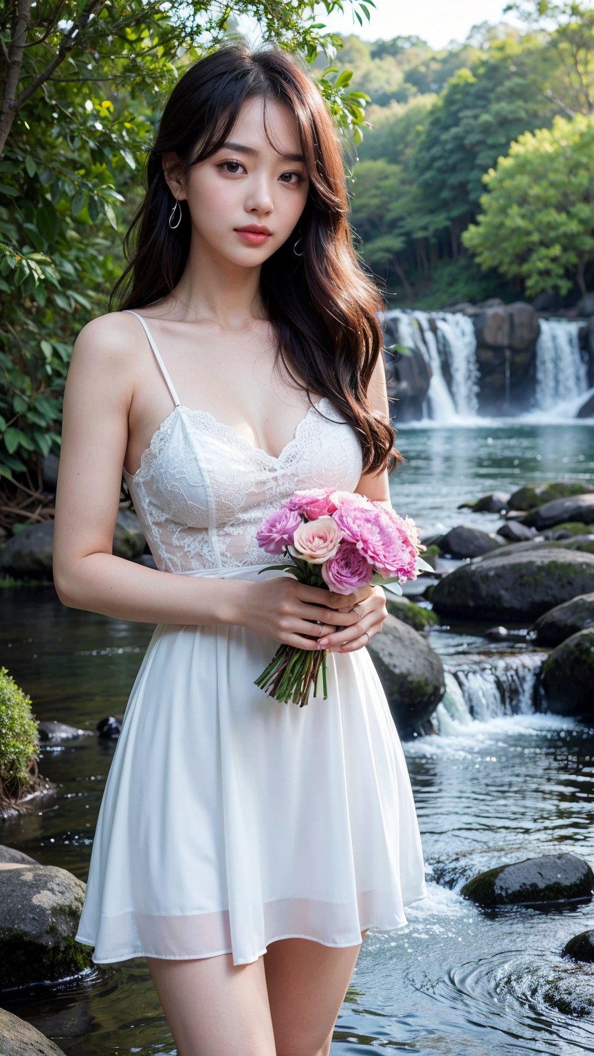 best quality,4k,8k,highres,masterpiece:1.2,ultra-detailed,realistic:1.37,portraits,colorful,soft light,Korean girl,Victoria waterfalls,flowing hair,beautiful detailed eyes,beautiful detailed lips,longeyelashes,natural beauty,fresh and vibrant, Waist Patch That Looks Narrower Y2K Sporty Kara Mini One Dress, holding a bouquet of flowers,pure happiness,Australian wilderness,serene atmosphere,cascading water,emerald green,refreshing mist,peaceful retreat,harmony with nature,sunset silhouette,enchanting scenery,romantic mood