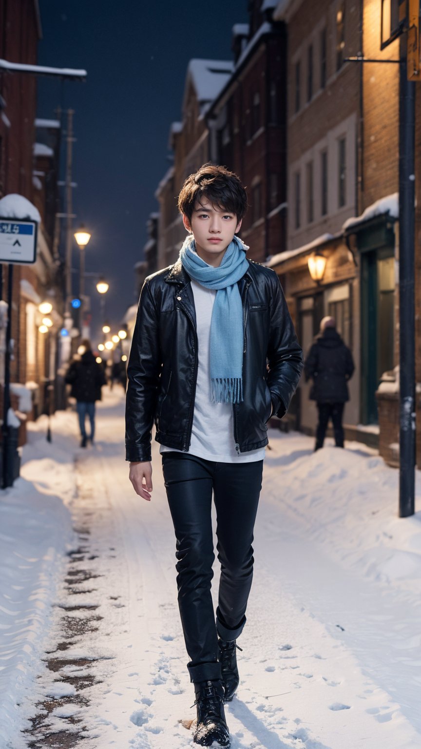 A lone figure stands out against the serene backdrop of a city snowfall. The subject, a young boy with a striking pixie cut, featuring short white hair on one side and spiky strands framing his light blue eyes. He wears a black scarf wrapped snugly around his neck, complemented by a blue and black jacket that matches the winter wonderland ambiance. Black pants complete his outfit as he stands confidently amidst the gentle snowfall, perfect pixels and details capturing the magic of this urban winter scene.