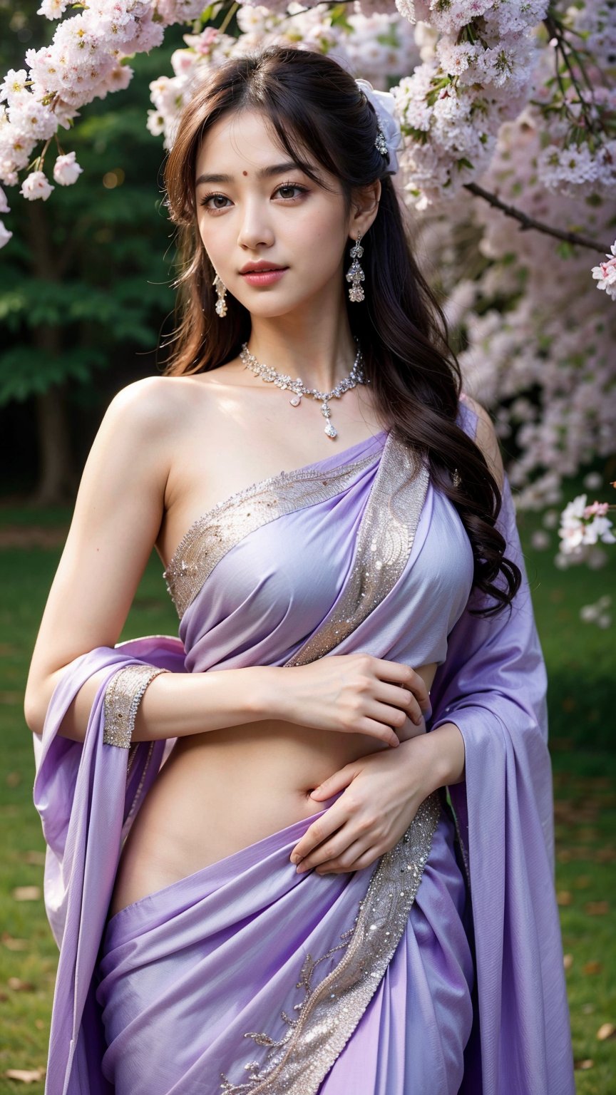 beautiful detailed eyes, beautiful detailed lips, extremely detailed eyes and face, long eyelashes, 1girl, beautiful Korean girl, exquisite bridal glitter purple saree, beautiful silky bridal glitter purple saree, standing in front of a Yoshino Cherry trees, many Yoshino Cherry trees, ethereal lighting, soft pastel colors, realistic, realistic face, realistic skin, realistic body, cinematic lighting, dramatic composition, masterpiece, best quality, 4k, 8k, highres, ultra-detailed, photorealistic, professional, vivid colors, ethereal aura, serene expression, dappled sunlight filtering through the blue blossoms, lush green foliage, highly detailed, cinematic lighting, vibrant colors, nature, (smile1.2), upper body shot, clear face, cute, navel showing, 