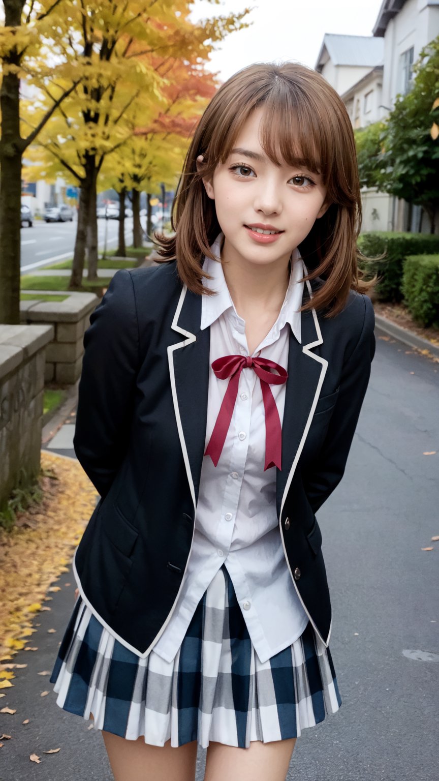 masterpiece, best quality, highres, aairoha, medium hair, school uniform, neck ribbon, collared shirt, blazer, black jacket, open jacket, long sleeves, plaid skirt, standing, cowboy shot, leaning forward, arms behind back, smile, open mouth, outdoors, autumn,