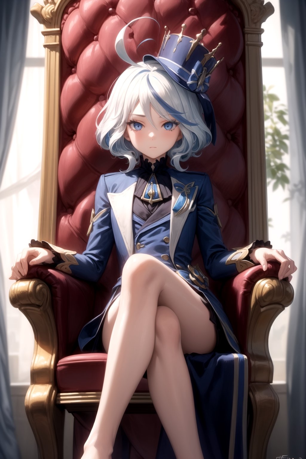 1 girl,  overconfident blue eyes,  blue hair,  white hair,  streaked hair,  ahoge,  small breast,  flat chest,  quirky,  white frilll long blouse,  dark blue military coat, dark denim short, looking at viewer,  body straight towards viewer,  Masterpiece,  fair skin,  photorealistic,  sitting on throne,  cross legs with bare foot,  throne_room_background,  more_details:-1,  more_details:0,  more_details:0.5,  more_details:1,  more_details:1.5,  furinadef,  furinarnd,furinadef,furinarnd