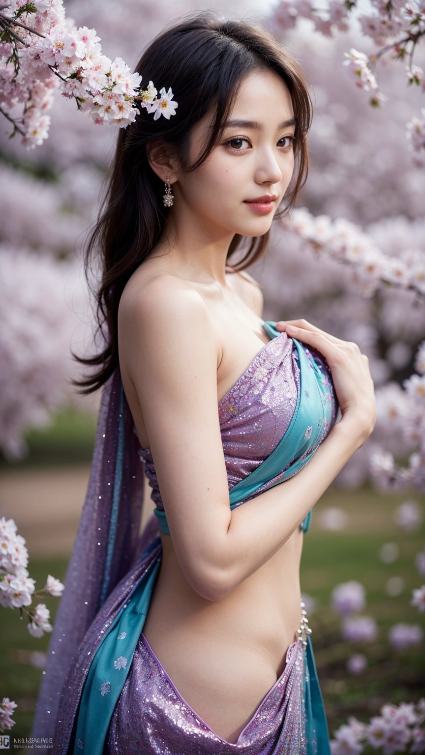 In a cinematic frame, a stunning Korean girl stands amidst a serene setting of Yoshino Cherry trees, their beauty radiating like the ethereal aura surrounding her. Exquisite, purple saree glitters under the dappled sunlight filtering through the blue blossoms and lush green foliage. Her eyes, with long eyelashes, gaze softly, while her lips curve into a subtle smile (smile1.2). The upper body shot showcases her realistic face, skin, and body, bathed in vibrant colors and cinematic lighting, as if captured in 8k or 4k resolution.