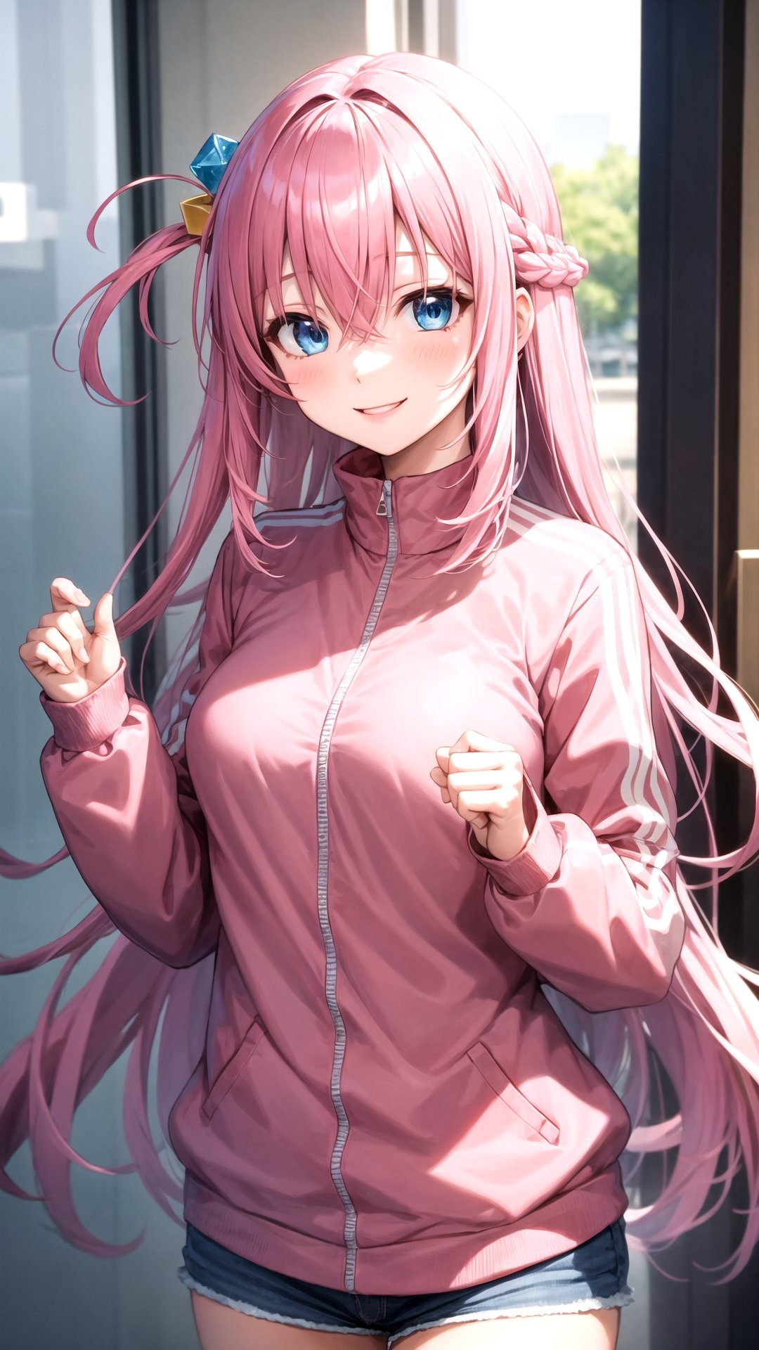 gotoh hitori, 1girl, solo, long hair, looking at viewer, smile, one side up, pink track jacket, medium breasts, blue eyes, hair between eyes, cube hair ornament, pink hair, long hair