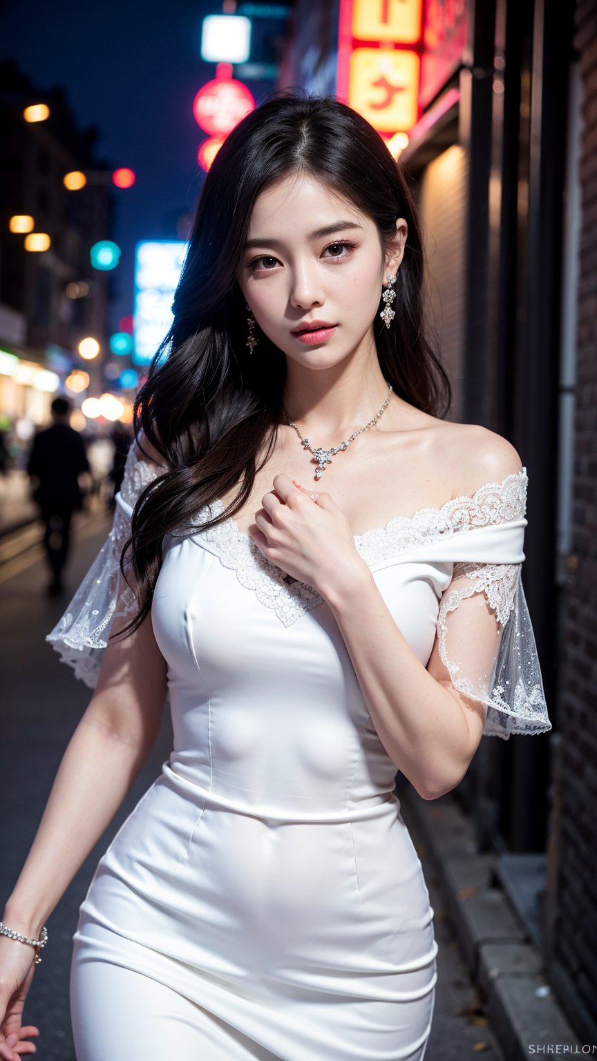 In a dark alley lit only by the soft glow of neon signs, a stunning Korean K-pop idol stands out in sharp focus. Her porcelain-pale skin glistens with intricate detail, while her big, bright eyes seem to pierce through the shadows. Her lips curve into a radiant smile as she gazes directly at the viewer. A beautiful fantasy empress, she wears an ornate necklace and sparkling diamond earrings that catch the cinematic light.

Her slender, fit-muscled body is framed against the blurred backdrop of towering buildings, with a subtle depth of field effect that draws attention to her. Her white dress flows behind her like a misty veil, as she walks confidently into the frame. The atmosphere is mystical and enchanting, with a hint of magic in the air.