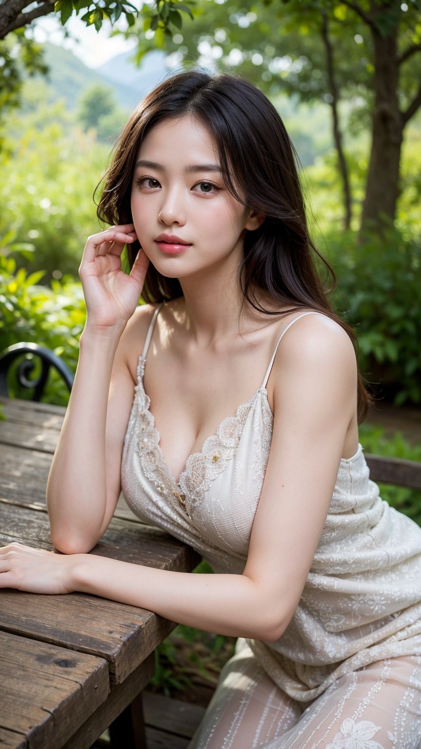 A stunning Asian girl stands serenely in front of the majestic Tianzi Shan Mountain Peak, her above-knee length sundress blending with the lush green mountains. Sunlight filters through the trees, casting a warm glow on her dark flowing hair as she gazes out at the breathtaking scenery. Her peaceful expression reflects the tranquil atmosphere, while her eyes sparkle like the golden sunlight that illuminates the majestic landscape. The delicate features of her face are framed by the kaleidoscope of colors in the surrounding vegetation, creating an ethereal beauty that harmoniously blends with nature. With a gentle breeze rustling her sundress, she poses gracefully, exuding subtle elegance and captivating the viewer's attention as if gazing at a masterpiece painting. The serene and majestic atmosphere is palpable, inviting all to pause and marvel at the natural wonder of this incredible scenery.