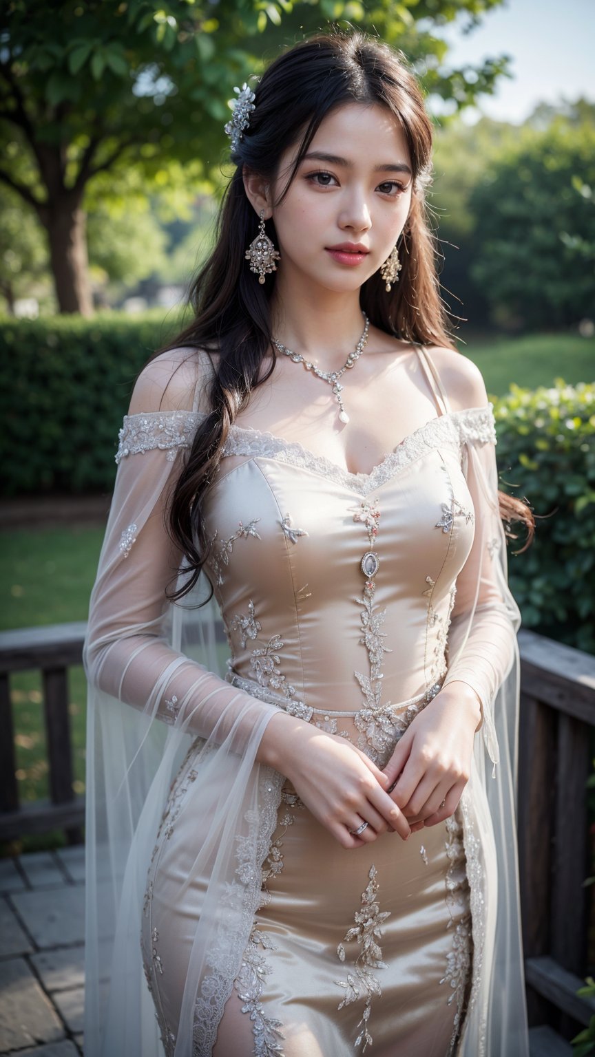 best quality, masterpiece, highres, 1girl, transparent silk china dress, hair ornament, looking at viewer, smile, closed mouth,lips, dress,hair ornament, necklace, jewelry, chinese clothes, long hair, earrings, Beautiful face,upon_body, tyndall effect,photorealistic, rim lighting, two tone lighting,(high detailed skin:1.2), 8k uhd, dslr, soft lighting, high quality, volumetric lighting, candid, Photograph, high resolution, 4k, 8k, Bokeh, in garden, morning