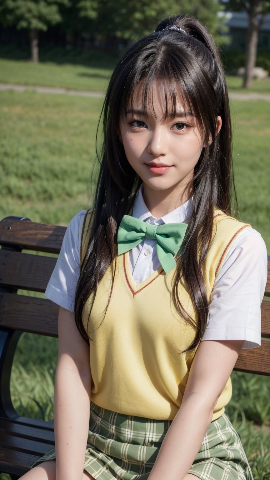 masterpiece, best quality, highres, 1girl, solo, long hair, black hair, ponytail, parted bangs, brown eyes, school uniform, green bowtie, white shirt, short sleeves, sweater vest, yellow vest, plaid skirt, green skirt, sitting, outdoors, bench, smile, open mouth, waving