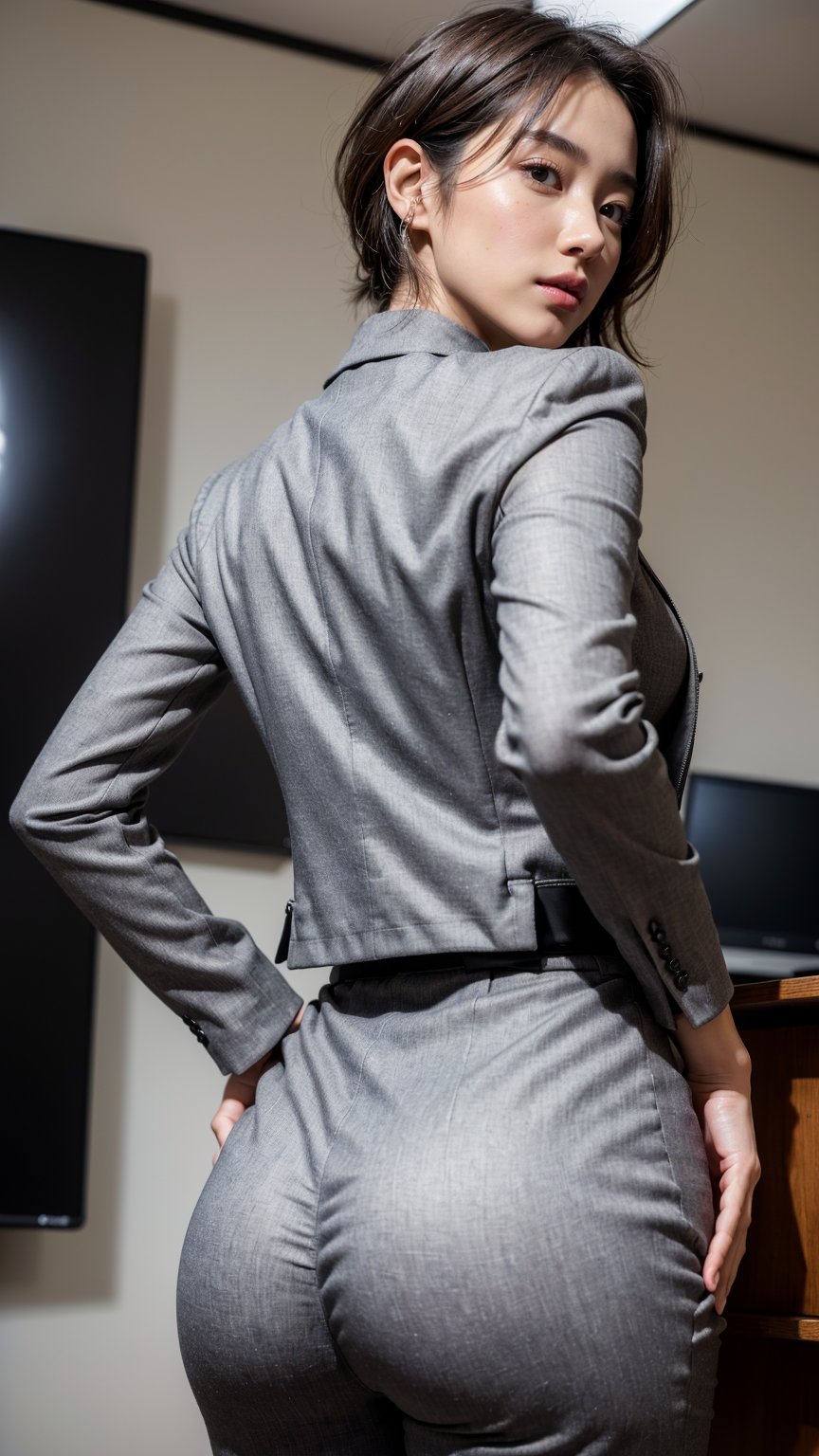 (Best quality, 8k, 32k, Masterpiece, UHD:1.2), 1girl, beautiy Japanese woman, narrow waist, grey suit, open jacket, office lady, suit, pants, from behind, office room, desk,  (stick out one's buttocks:1.2), detailed face, short hair, from below, raise one leg