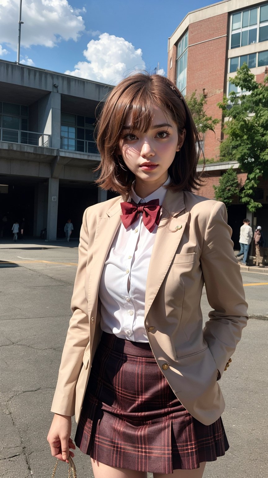 masterpiece, best quality, highres, aamikoto, short hair, hair flower, red bowtie, blazer, brown jacket, long sleeves, plaid skirt, standing, cowboy shot, outdoors, aamikoto