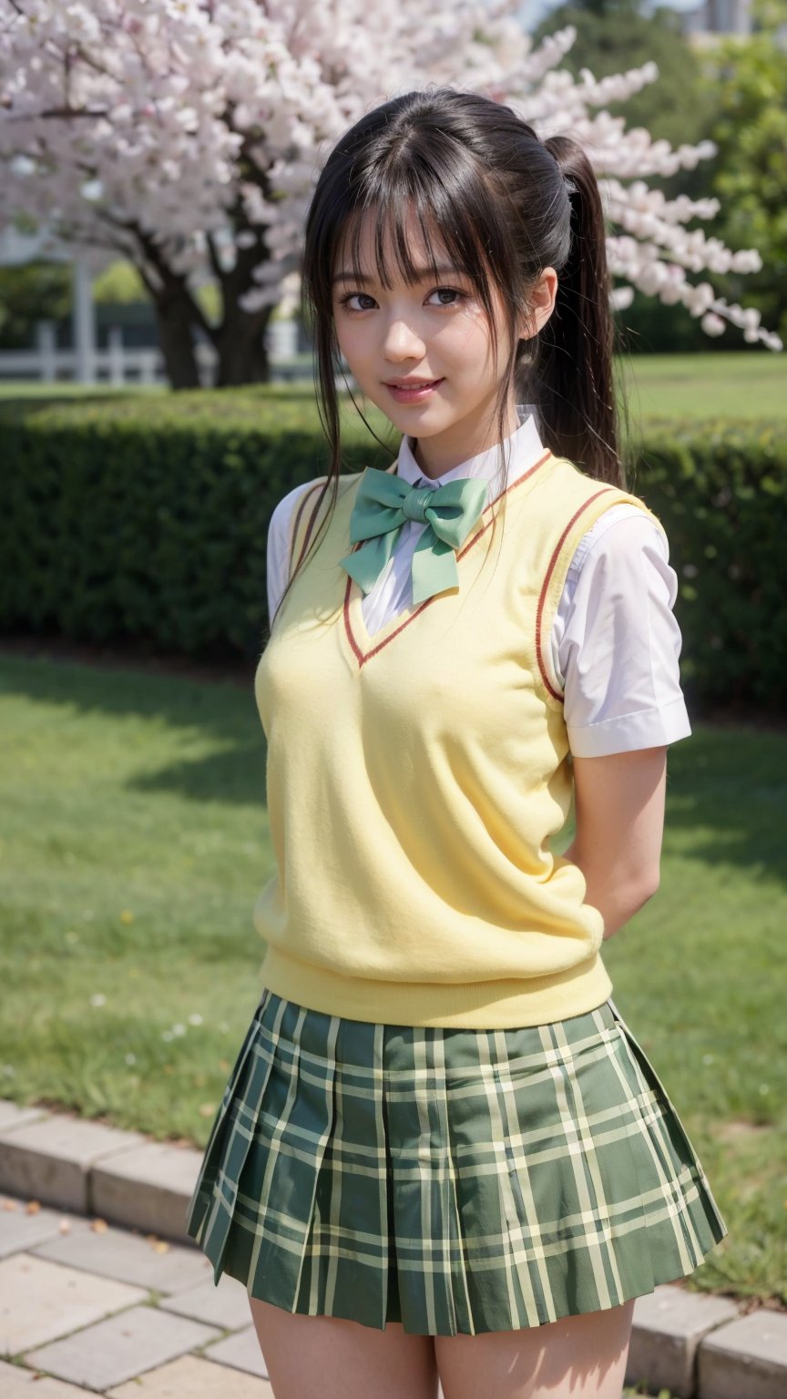 masterpiece, best quality, highres, 1girl, solo, long hair, black hair, ponytail, parted bangs, brown eyes, school uniform, green bowtie, white shirt, short sleeves, sweater vest, yellow vest, plaid skirt, green skirt, arms behind back, standing, cowboy shot, cherry blossoms, leaning forward, smile, open mouth, outdoors