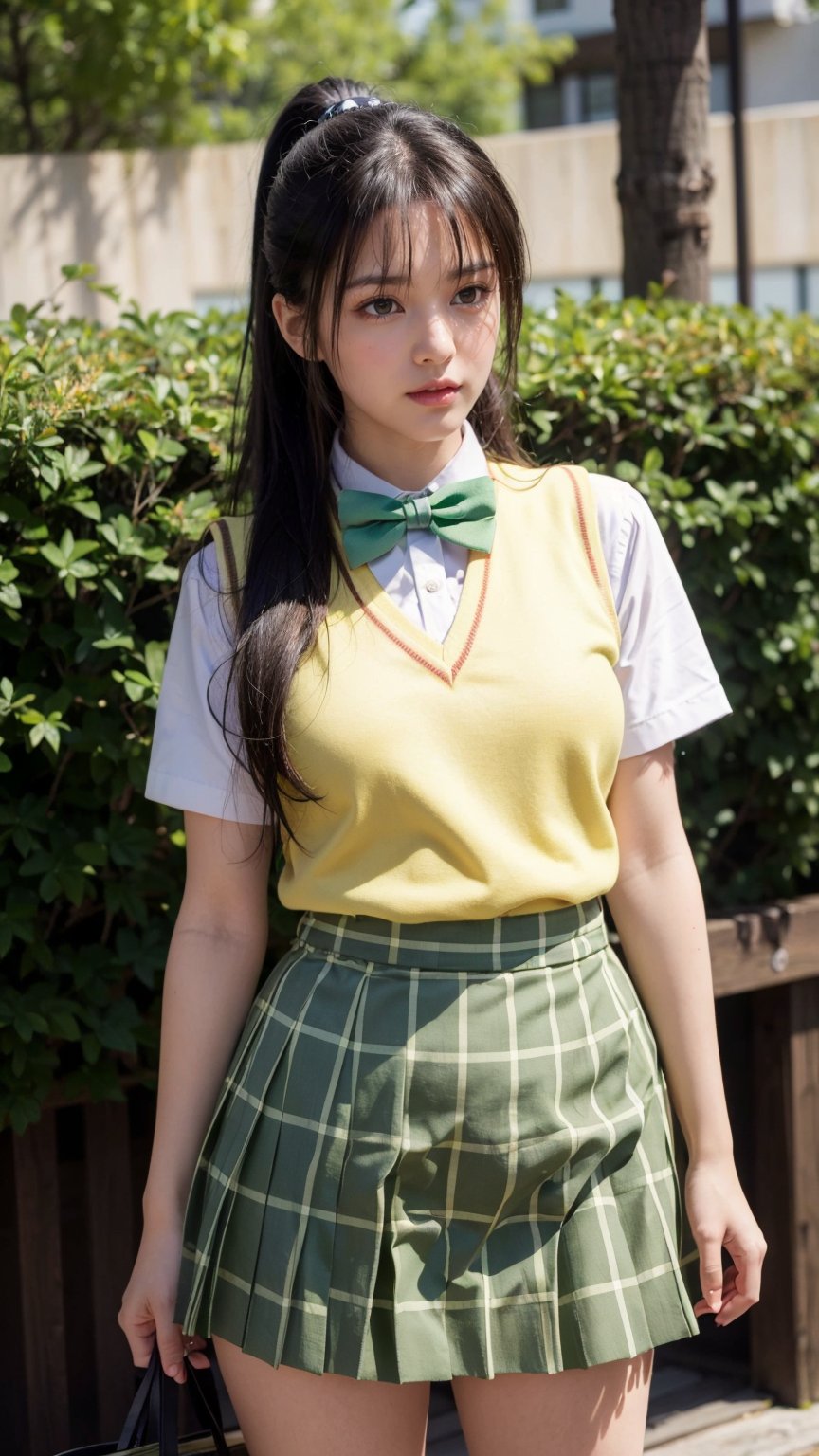 masterpiece, best quality, highres, 1girl, solo, long hair, black hair, ponytail, parted bangs, brown eyes, school uniform, green bowtie, white shirt, short sleeves, sweater vest, yellow vest, plaid skirt, green skirt, , standing, cowboy shot, outdoors