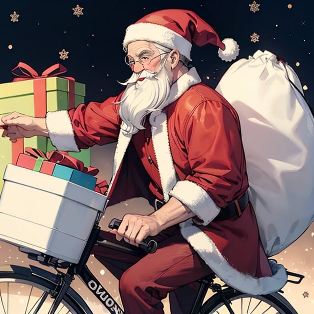 Santa Claus riding a bicycle and carrying presents
