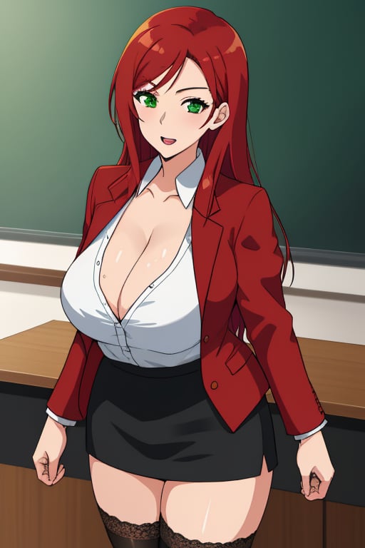 best quality, extremely detailed, masterpiece, female, adult, cleavage, milf, teacher, long_hair, red_hair, green_eyes, red_suit, white undershirt, black_skirt, mini_skirt, stockings, lace stockings, Miyako Saitou