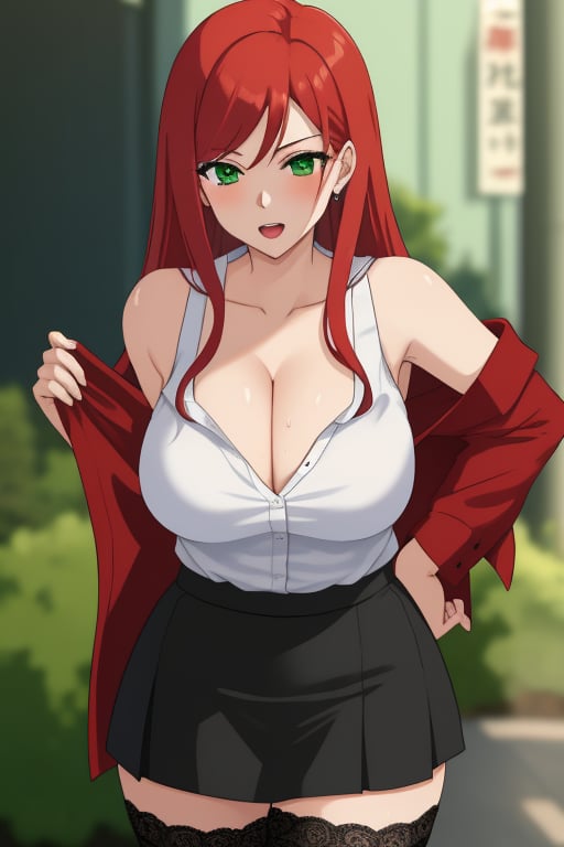 best quality, extremely detailed, masterpiece, female, adult, sexy_pose, cleavage, milf, long_hair, red_hair, green_eyes, red suit, white undershirt, black_skirt, black_stockings, lace_stockings, Miyako Saitou