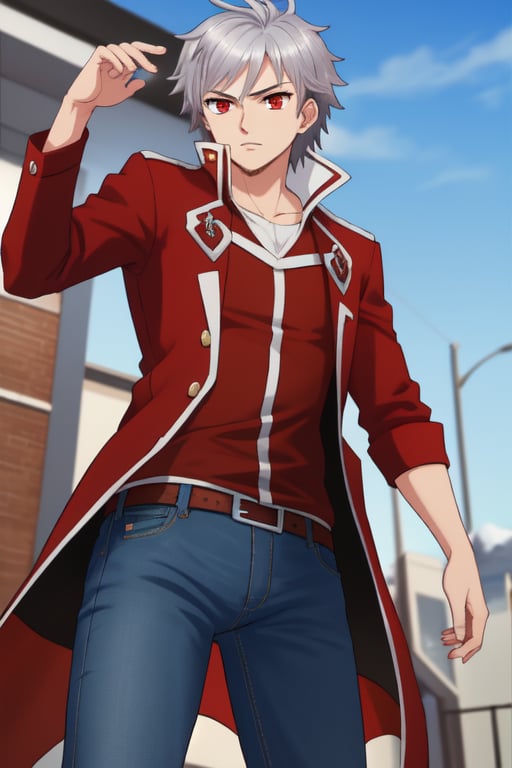 best quality, extremely detailed, masterpiece, manly, manful, cool pose, teenager, jeans, red coat, winter coat, rolled-up_sleeves, silver hair, long_hair, medium hair, straight_hair, splitted hair, red eyes, protagonist (caligula)
