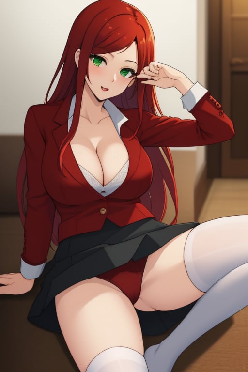 best quality, extremely detailed, masterpiece, female, adult, sexy_pose, cleavage, milf, long_hair, red_hair, green_eyes, red suit, white undershirt, black_skirt, black_stockings, Miyako Saitou