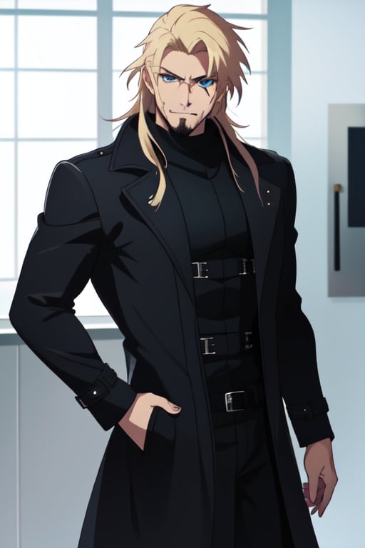best quality, extremely detailed, masterpiece, man, male, adult, manly, manful, antagonist, villain, long_hair, blonde, blue eyes, scruff, black coat, leather coat, evil, sigma