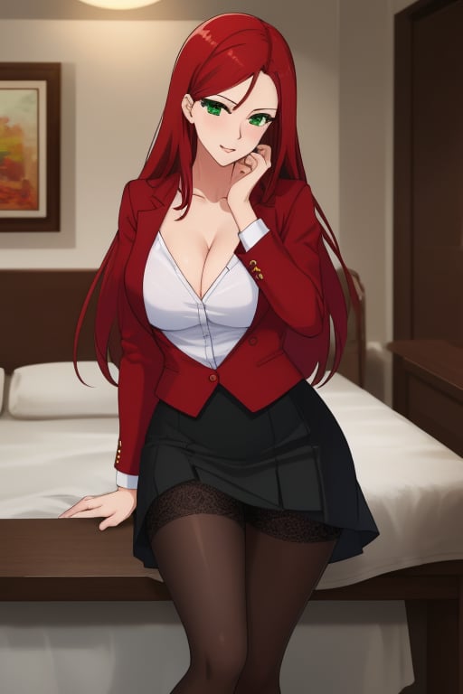 best quality, extremely detailed, masterpiece, female, adult, sexy_pose, cleavage, milf, long_hair, red_hair, green_eyes, red suit, white undershirt, black_skirt, black_stockings, lace_stockings, Miyako Saitou