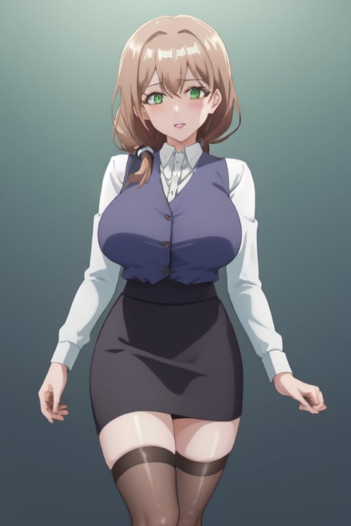 best quality, extremely detailed, masterpiece, 1_girl, mature, milf, mommy, mother, adult, medium boobs, black stockings, short_skirt, mini_skirt, undershirt, vest, secretary, elegant, green-eyes, brown-hair, pony_tail, ponytail, standing, white background, Shiori Katase, milfication