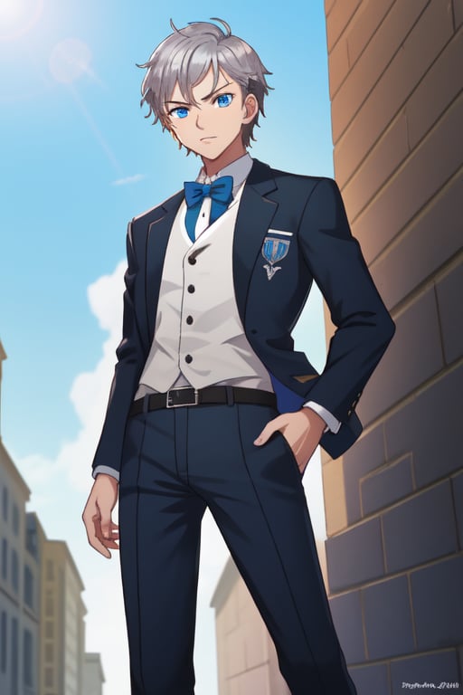 best quality, extremely detailed, masterpiece, manly, manful, cool pose, teenager, blue suit, school, school uniform, black tie, black trousers, silver hair, short_hair, blue eyes, protagonist (caligula)