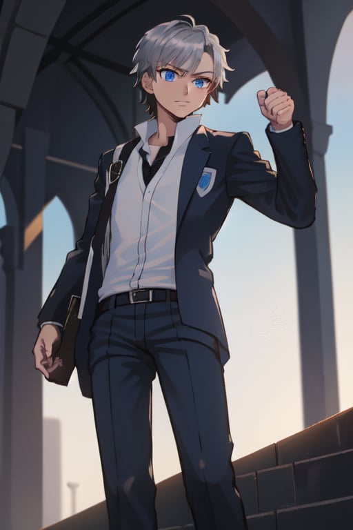 best quality, extremely detailed, masterpiece, manly, manful, cool pose, teenager, blue suit, school, school uniform, black tie, black trousers, silver hair, short_hair, blue eyes, protagonist (caligula), fist