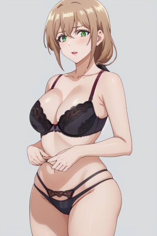 best quality, extremely detailed, masterpiece, 1_girl, mature, milf, mommy, mother, adult, medium boobs, black underwear, lace thong, bra, green-eyes, brown-hair, pony_tail, ponytail, standing, white background, Shiori Katase, milfication