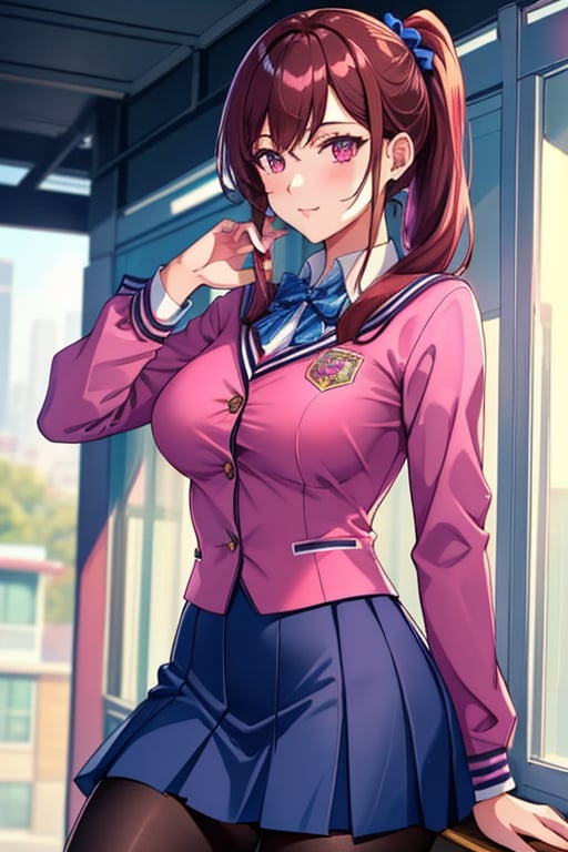 best quality, extremely detailed, masterpiece, females, medium boobs, sexy pose, teenagers, school_girl, school_uniform, school, blue skirt,  pantyhose, pink suit, brown hair, pink eyes, pony_tail, closed button