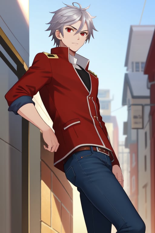 best quality, extremely detailed, masterpiece, manly, manful, cool pose, teenager, jeans, red coat, winter coat, rolled-up_sleeves, silver hair, long_hair, medium hair, straight_hair, splitted hair, red eyes, protagonist (caligula)