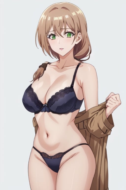 best quality, extremely detailed, masterpiece, 1_girl, mature, milf, mommy, mother, adult, medium boobs, black underwear, lace thong, bra, green-eyes, brown-hair, pony_tail, ponytail, standing, white background, Shiori Katase, milfication